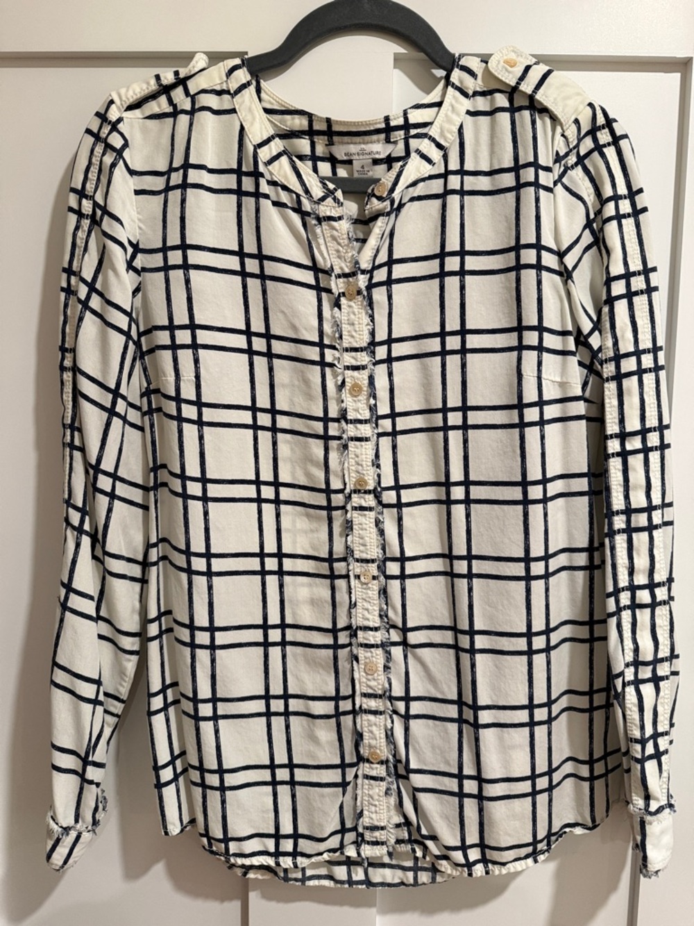 Button-Front White & Navy Windowpane Plaid Shirt